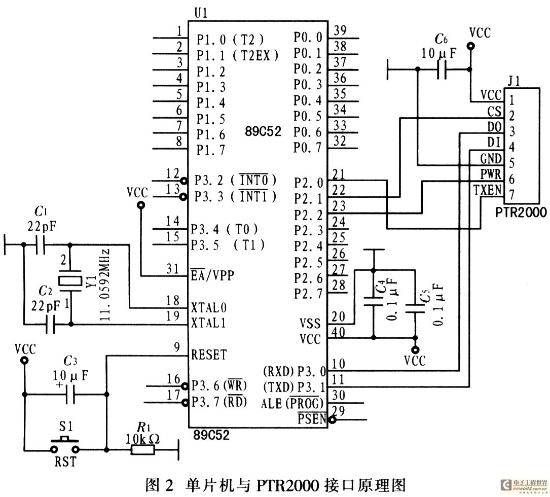 單片機(jī)與PTR2000接口原理電路