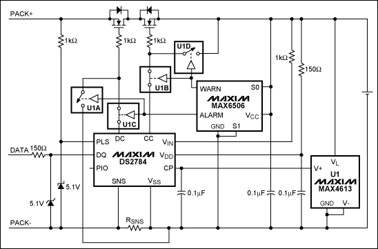 圖1. 在DS2784應用電路中加入MAX6506和MAX4613實現可編程的熱保護(開關U1A-U1D表示MAX4613內的4個開關)。