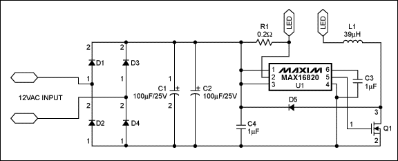 圖1. 采用MAX16820 LED驅動器構建的5W MR16 LED燈驅動電路，圖中LED為LedEngin的5W WLED。