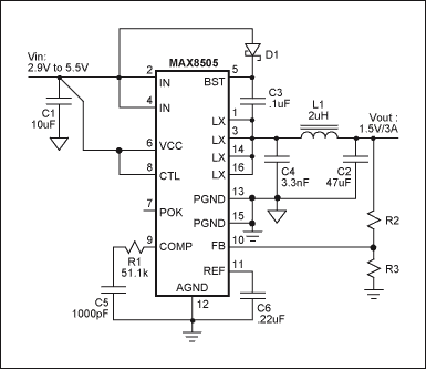 圖1. MAX8505內置開關的降壓調節器