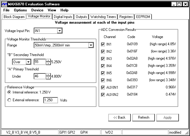 圖3. 點擊Voltage Monitor標簽，可以設定每一個輸入是監(jiān)視兩個欠壓電平還是一個欠壓電平和一個過壓電平，還可以設置門限值，也可選擇要查看哪一個數字輸入。