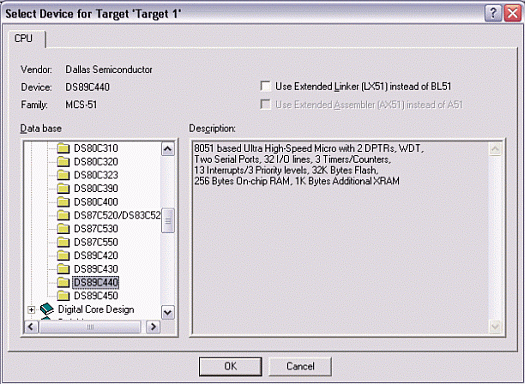 Figure 2. Selecting the device for a new Keil μVision2 Project