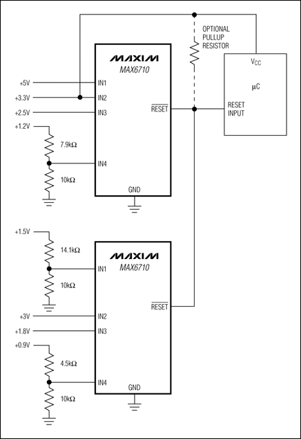 圖1. 利用兩片漏極開路輸出的多電壓監控器監控8路電壓，提供單個復位輸出。