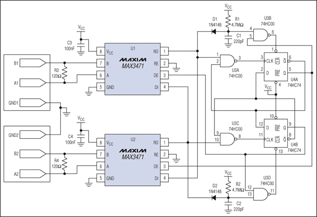 圖1. 待機(jī)電流只有3μA的RS-422中繼器。