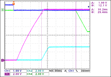 圖3. +3.3V至-5V接通延時，沒有負載Ch1 = Q8BASE, Ch2 = +3.3VOUT, Ch3 = +12VOUT, Ch4 = -5VOUT注釋：+3.3VOUT和-5VOUT之間有16.2ms延時。