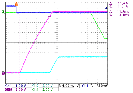 圖2. +12V至+3.3V接通延時，沒有負載Ch1 = Q8BASE(CARD_PRESENT), Ch2 = +3.3VOUT, Ch3 = +12VOUT, Ch4 = -5VOUT注釋：+12VOUT和+3.3VOUT之間有11.8ms延時。