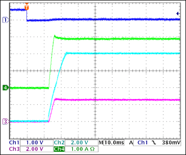 圖13. +3.3V接通波形，1.1Ω負載 = 3A Ch1 = Q8BASE, Ch2 = +3.3VGATE, Ch3 = +3.3VOUT, Ch4 = IIN(+3.3V)