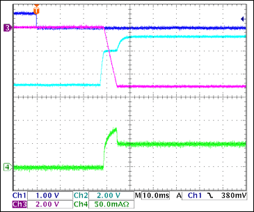 圖10. -5V接通波形，100Ω阻性負載 = 50mA Ch1 = Q8BASE, Ch2 = -5VGATE, Ch3 = -5VOUT, Ch4 = IIN(-5V) 注釋：-5V擺率大約為1V/ms。