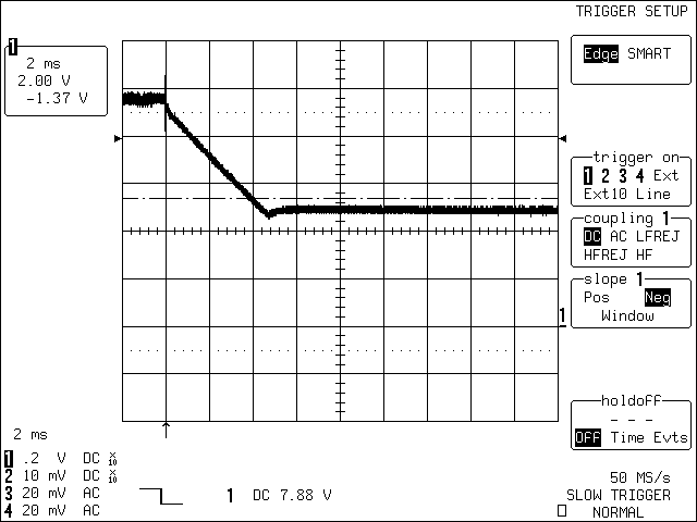 圖2. C1 = 470μF,充電電源移開時,4節電池開關模式電路的瞬態特性