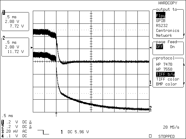圖4. C1 = 22μF時,改進后的應用電路在移除充電電源后的瞬態波形