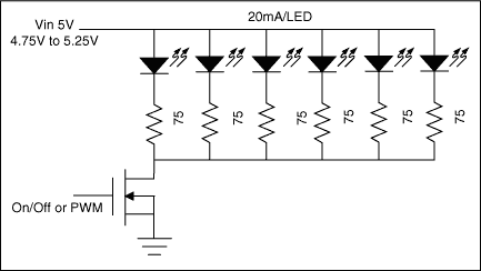 圖1. 大多數(shù)應用只是簡單地利用固定偏置電壓(本范例中采用5V)和鎮(zhèn)流電阻(本范例中采用75Ω)，獲得近似匹配的白光LED亮度。