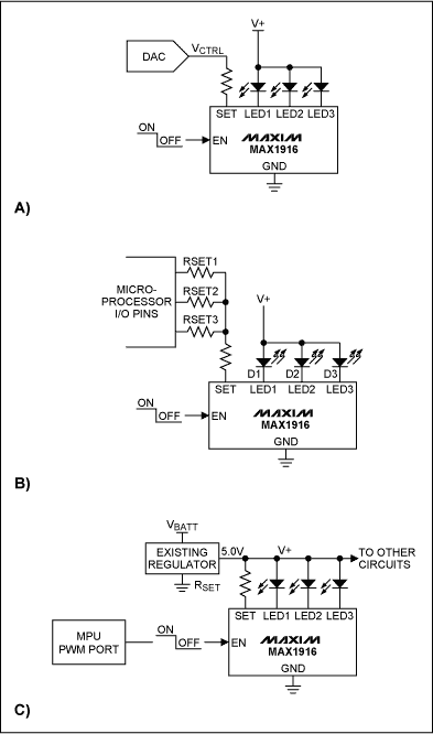 圖5. MAX1916驅(qū)動白光LED時的三種電流調(diào)節(jié)方法。