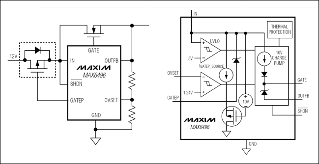 圖5. 利用MAX6496實現過壓限制,具有電壓跌落反向保護功能(左圖);右圖為功能框圖。