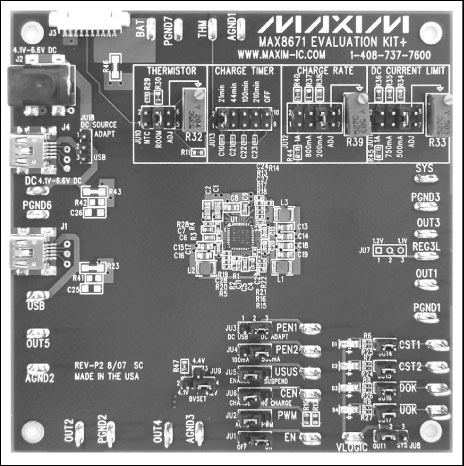 圖1. MAX8671X評估板照片,為典型應用提供了一個緊湊的PCB布局