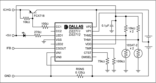 圖3. 該典型應用電路中,DS2711電池充電器為2個串聯的鎳氫充電電池充電