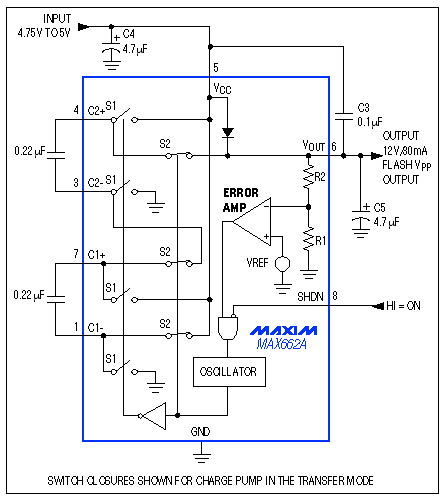 Figure 9. For programming flash memory, this circuit generates a regulated 12V/30mA programming voltage without inductors. It's small enough to fit into
