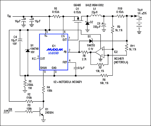 Figure 14. This 1A switch-mode current source supplies charging current to a grounded battery by sensing current on the