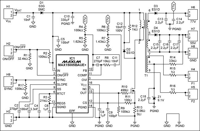 Figure 1: Schematic of the MAX15005B Fly back converter for FSW = 22kHz.