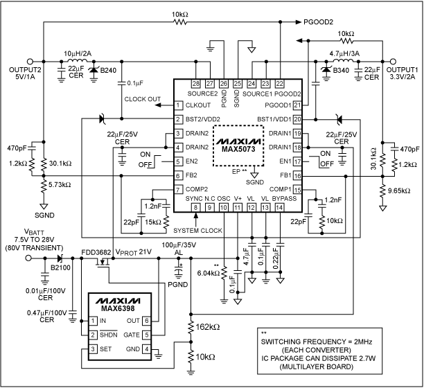 圖 6. MAX5073 2MHz buck轉(zhuǎn)換器配合MAX6398保護(hù)開關(guān)的典型電路,該設(shè)計(jì)具有高性能以及較高的抗干擾能力。