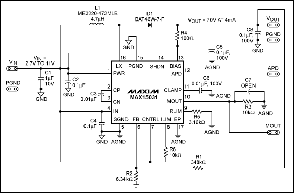 圖1. MAX15031升壓轉(zhuǎn)換器原理圖，F(xiàn)SW = 400kHz (固定)。
