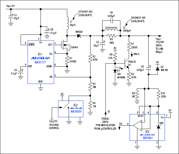 圖1. 本電路設計用于衛星接收器的低噪聲單元，這種DiSEqC兼容的電源通過在13V和17V之間切換供電電壓來實現數據通信。