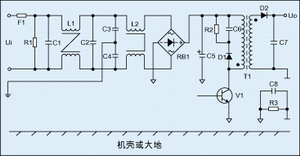圖2：進行過電磁兼容設計后的反激式開關電源電氣原理圖。