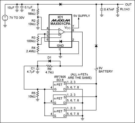 圖1. IC1 MAX931比較器用于監(jiān)測主電源電壓。當主電源電壓下降到7.4V以下時，它可以通過將電池負端接地接通備用電池。