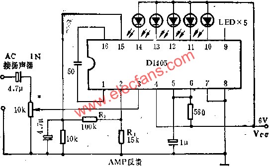 D1405電平指示驅動電路作竟音量表的應用電路圖  www.asorrir.com