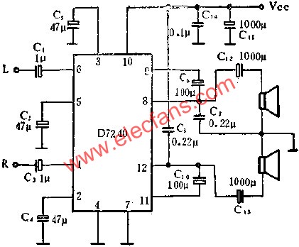 D7240音頻功率放大電路作立體聲功率放大的應用  www.asorrir.com