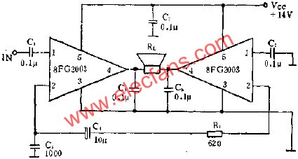 8FG2003拼成BTL放大電路的應用  www.asorrir.com