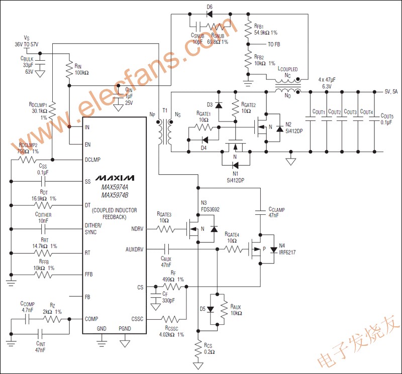MAX5974寬輸入電壓范圍、有源鉗位、電流模式PWM控制器 www.asorrir.com