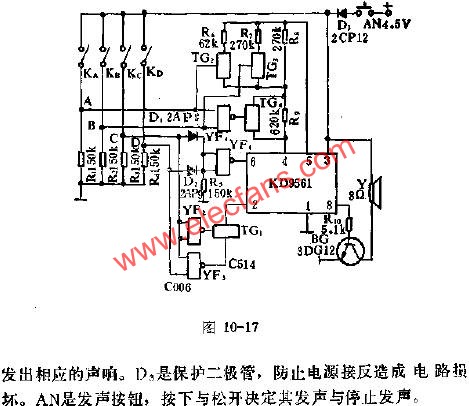 KD9561組成16聲音響發生器的電路圖  www.asorrir.com