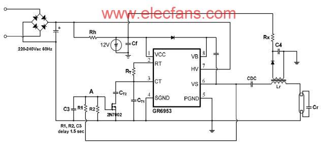 用GR6953制作的預熱及無燈電子鎮流器電路圖 www.asorrir.com