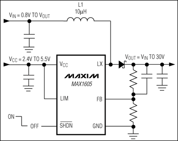 MAX1605內置30V開關的LCD偏置電源的應用電路 www.asorrir.com