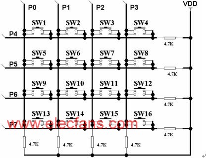 4×4鍵盤模塊電路圖 來源于:www.asorrir.com