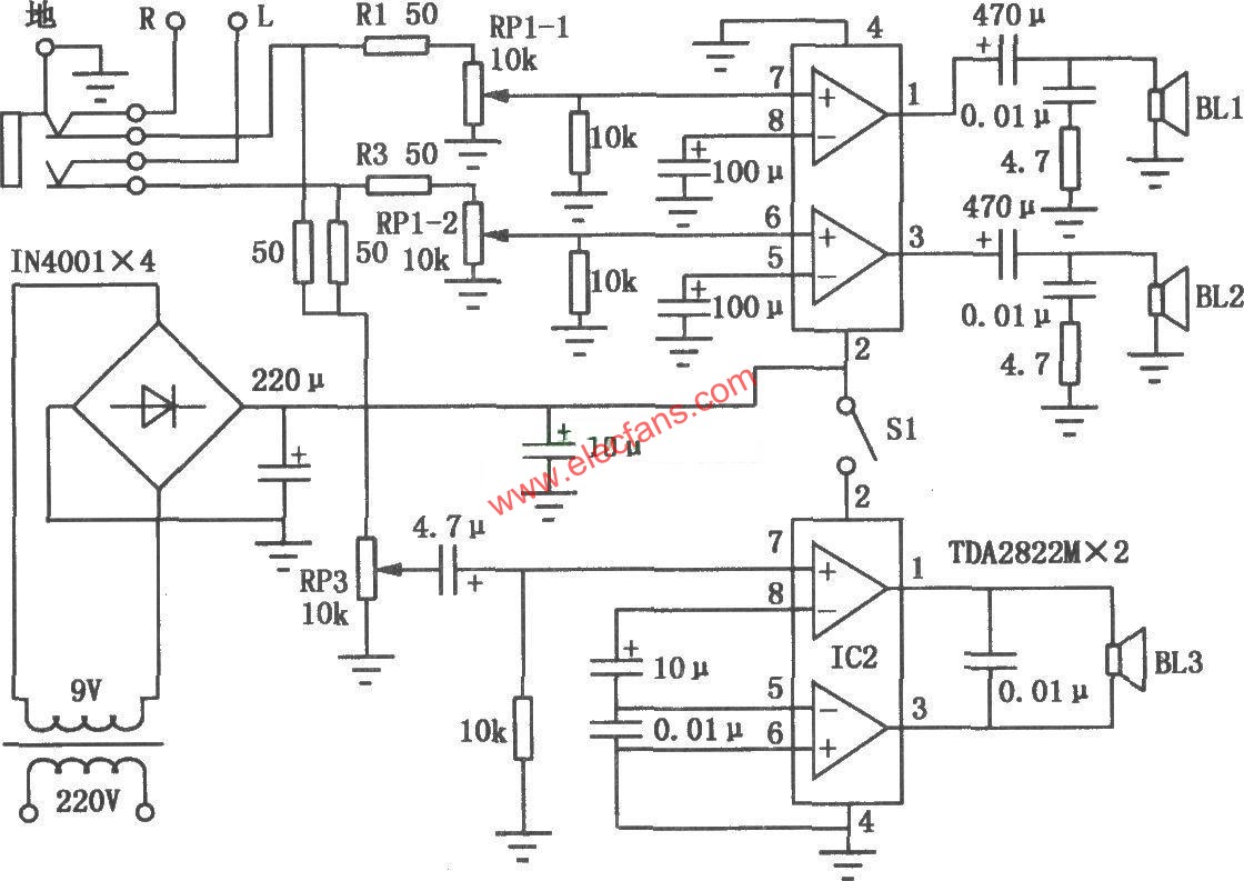 小型床頭聽音系統(tǒng)的電路圖  www.asorrir.com