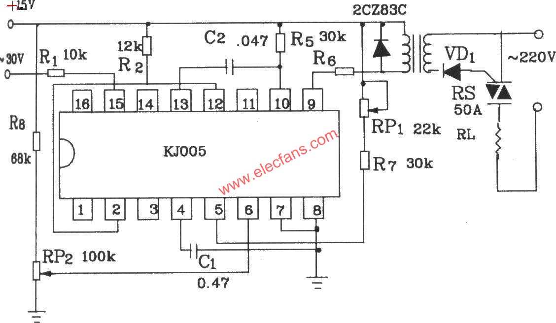 KJ005可控硅移相觸發(fā)器外電路接線圖  www.asorrir.com