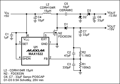 Figure 1. This single-inductor, 200mA power supply derives +15V/-14V from +5V. www.asorrir.com
