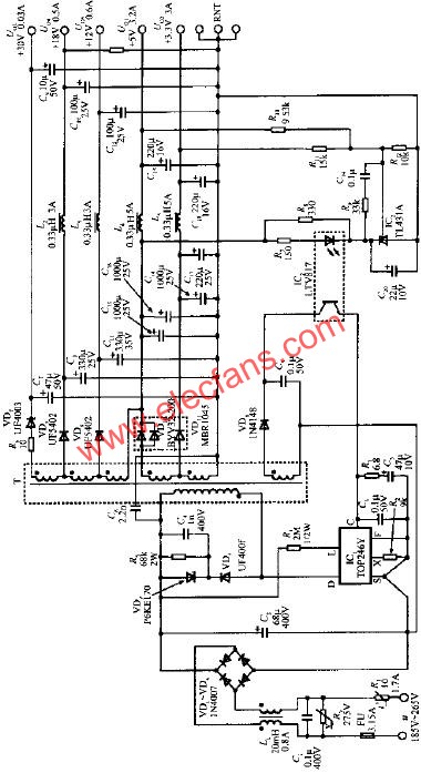 由TOP246Y構(gòu)成的45W多路輸出式開關(guān)電源電路  www.asorrir.com