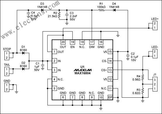 MAX16804高亮度LED驅動器評估板電路原理圖
