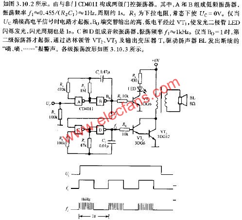 由門控振蕩器組成的聲光報警電路  www.asorrir.com