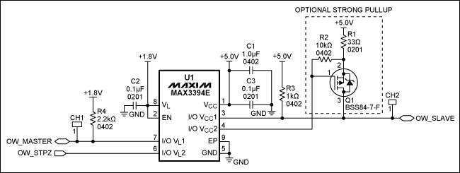 圖1. 1-Wire雙向電平(1.8V至5V)轉換器電路原理圖，注意，引腳I/O VL和I/O VCC具有10kΩ內部上拉。