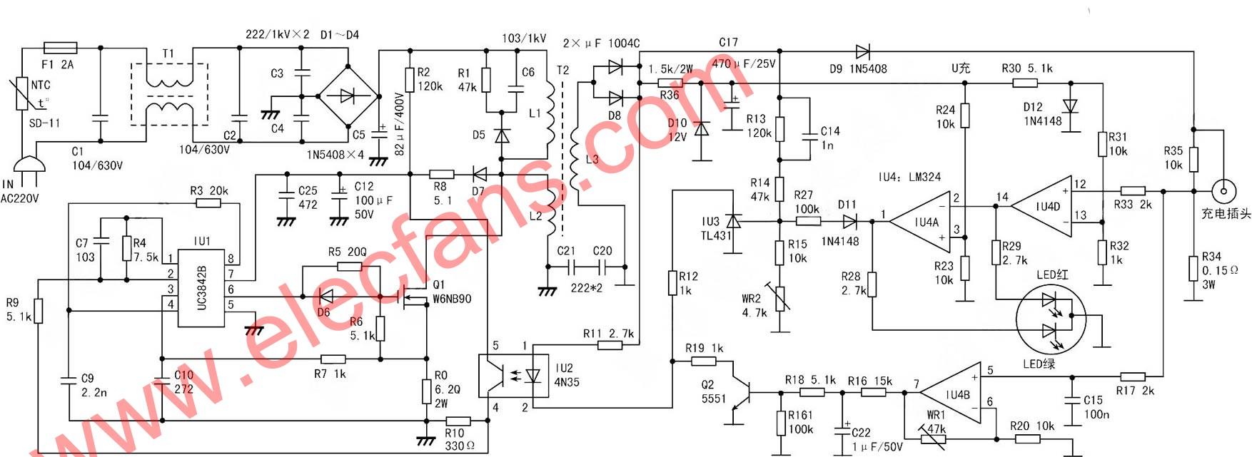 UC3842B電動車充電器電路圖 文章來源:http://www.asorrir.com