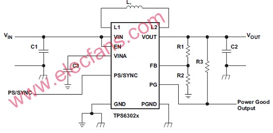 TPS6302x可調輸出電壓典型應用電路圖