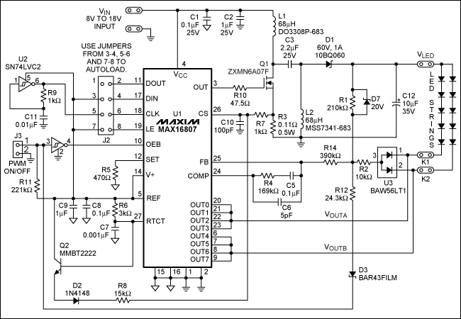 圖2. 采用MAX16807 SEPIC LED驅動器的圖1電路原理圖(VIN = 8V至18V，VLED = 22V [自適應]，ILED = 150mA/串)。