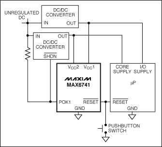 圖9. MAX6741監(jiān)測(cè)兩路電壓，任何一路電壓跌落到門限以下時(shí)將產(chǎn)生復(fù)位信號(hào)。
