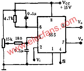 時基集成電路組成可變閾電平的施密特觸發器電路圖  www.asorrir.com