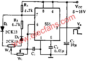 時基集成電路組成占空比連續可調的脈沖發生器電路圖 www.asorrir.com