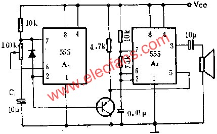 時基集成電路組成火警或警車音響電路圖  www.asorrir.com