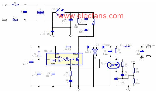 VIPer53設計的12V/3A 的副邊反饋的開關電源電路